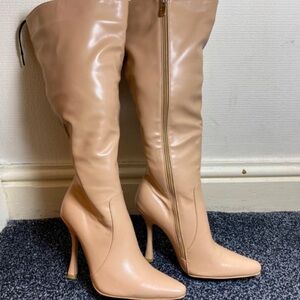 PrettyLittleThing Beige Over-The-Knee Pointed Stiletto Boots